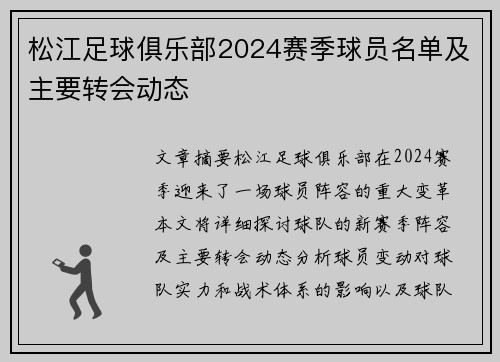 松江足球俱乐部2024赛季球员名单及主要转会动态